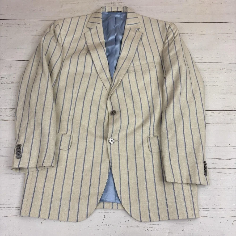 Patrick James Reserve Blazer Sport Coat Mens 44 Beige Stripe Wool Silk Linen